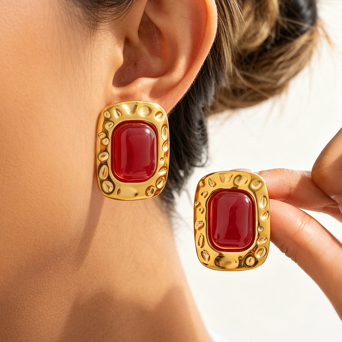 Vintage 18K Gold Plated Square Geometric Gemstone Stainless Steel Earrings