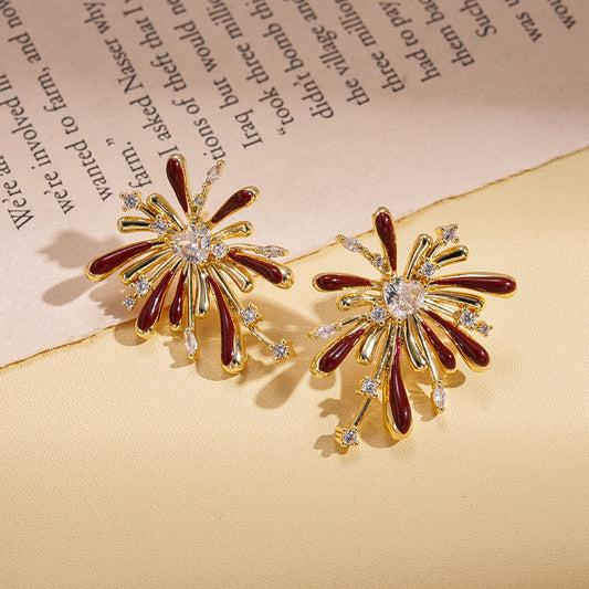 Pendientes de tuerca con forma floral de esmalte y circonita con diseño de fuegos artificiales, estilo "Old Money" vintage para mujer