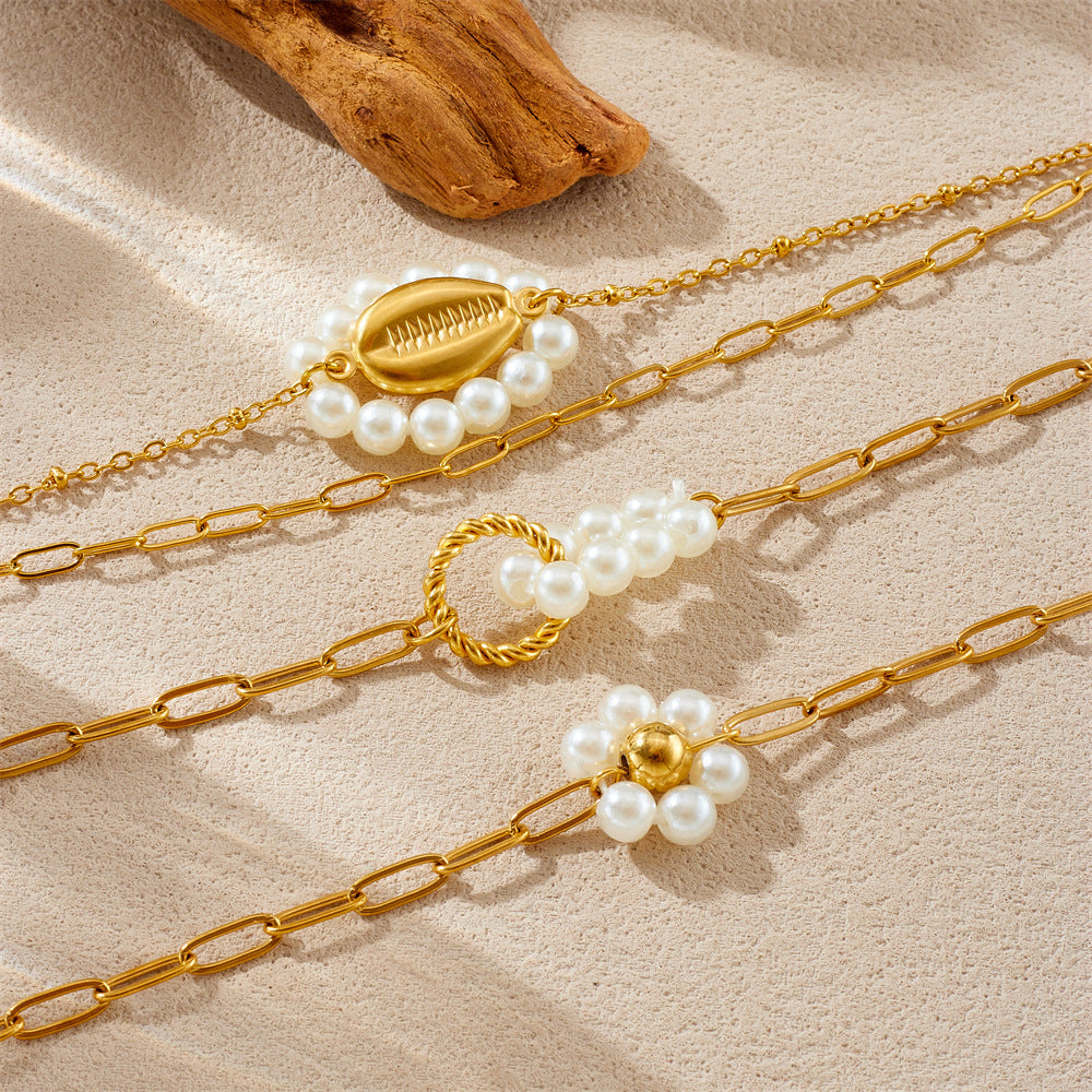 Vintage Minimalist Elegant Gold Plated Geometric Oval Round Faux Pearl Knot Bracelet