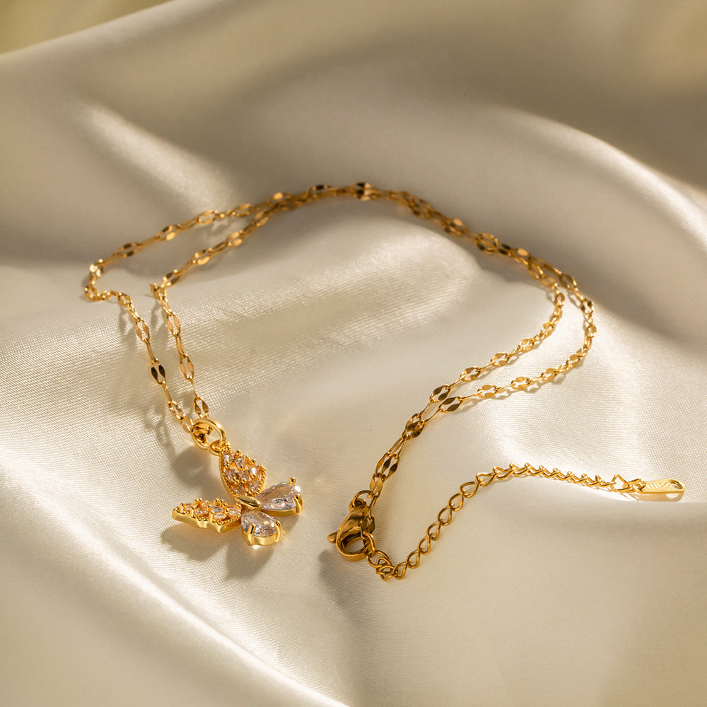 18K Gold Plated Stainless Steel Butterfly Pendant Necklace with White Zircon Geometric Design for Women