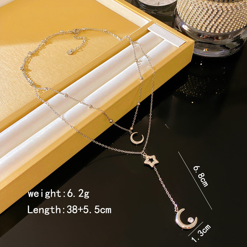 Layered Titanium Steel Moon Star Beaded Tassel Necklace