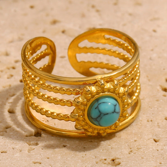 Vintage Style Geometric Stainless Steel Plated 18K Gold Turquoise Opening Ring for Women