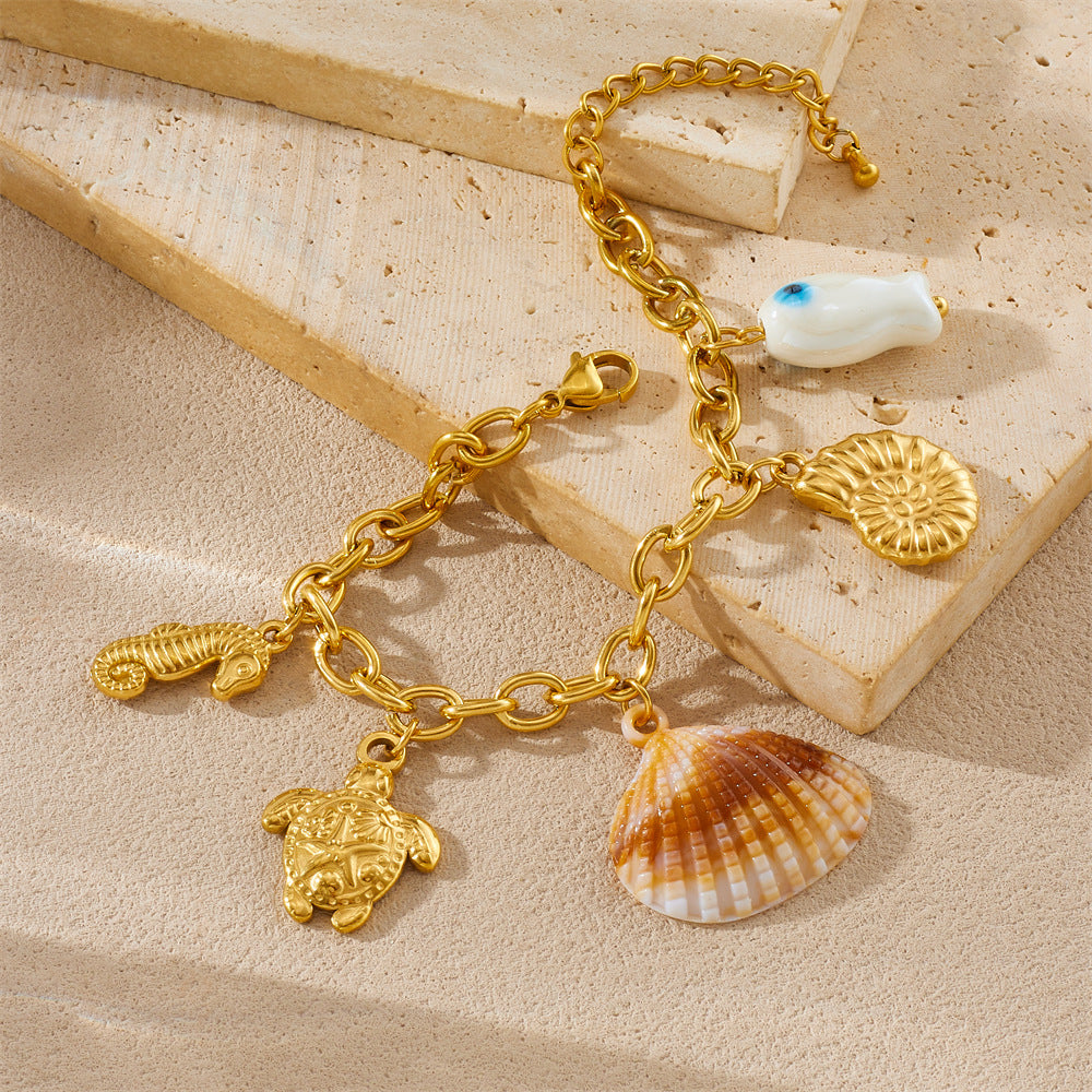 Fashion Gold Plated Stainless Steel Animal Pendant Bracelet with Turtle and Conch Elements for Women