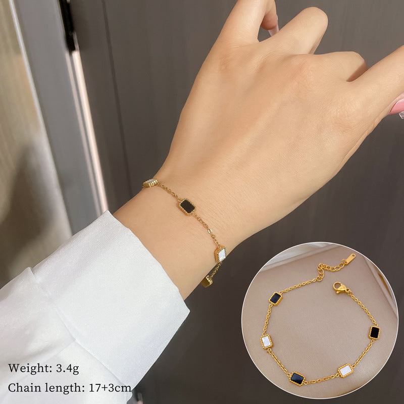Vintage Women's Titanium Steel Rope Chain with Round Beads and Roman Numerals Gold Plated Wave Texture Four-Season Bean Hand Chain