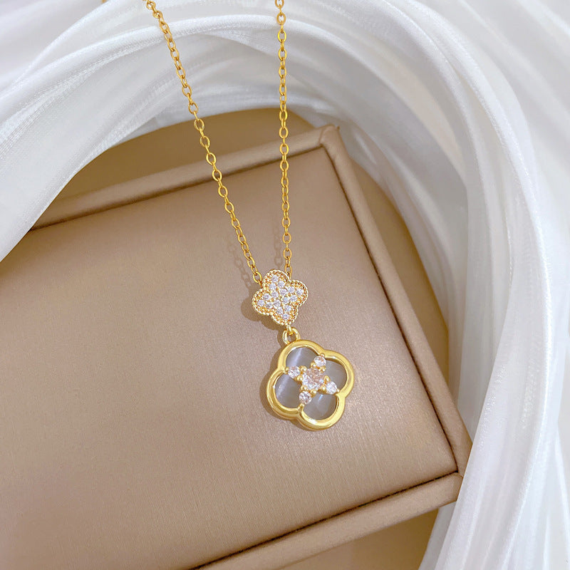 Sweet Elegant Geometric Rhinestone Cat's Eye Clover Pendant Titanium Steel Necklace for Women and Men