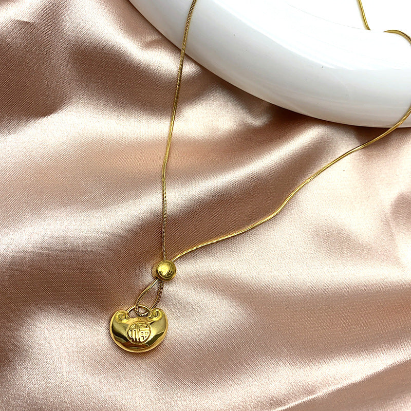 Minimalist Geometric Feng Shui Peace Lock Necklace for Women in Titanium Steel with Plated Finish, Elegant Clavicle Chain