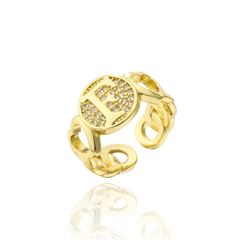 18K Gold Plated Brass Micro-Paved Cubic Zirconia Heart Letter Cuban Link Chain Open Ring for Women