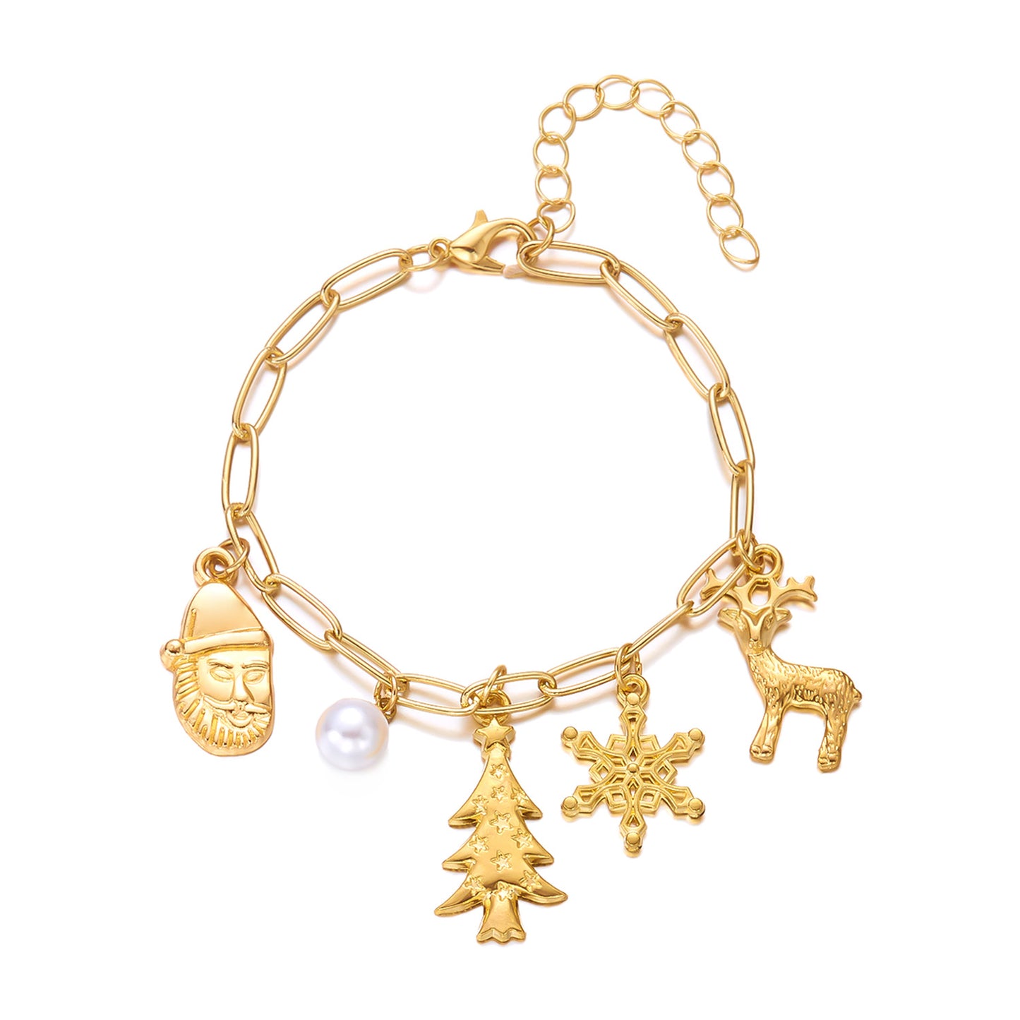 Christmas-Themed Necklace and Bracelet Set for Women with Snowflake Elk and Santa Pendant in Alloy with Electroplating on O-Chain