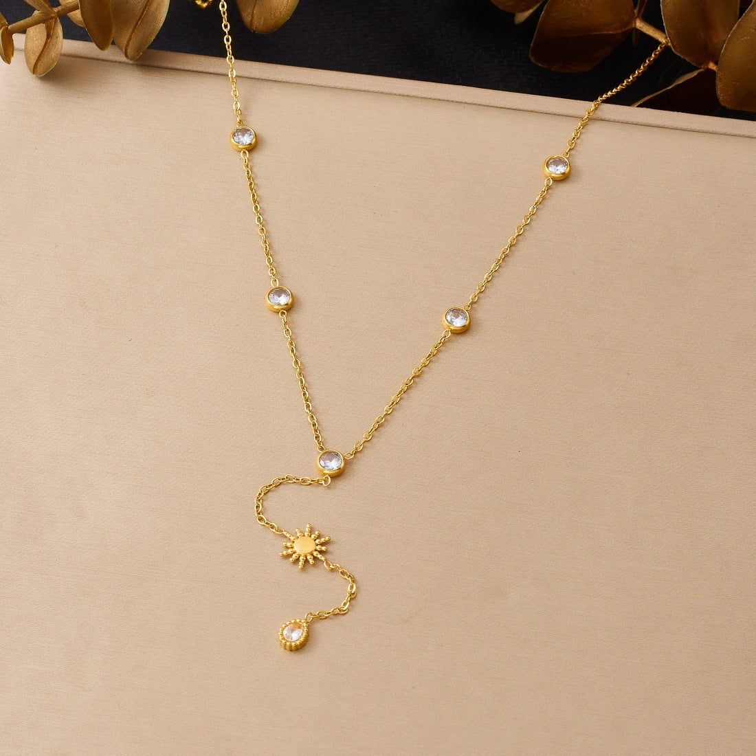 Sweet Gold Plated Stainless Steel Star Moon Heart Rhinestone Pendant Necklace with Tassel for Women