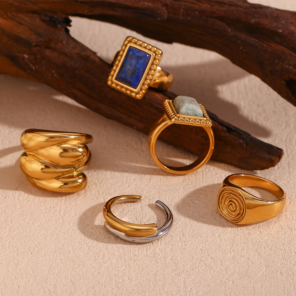 Anello Geometrico in Acciaio Inossidabile d'Ispirazione Vintage con Placcatura in Oro 18K e Accento a Goccia in Pietra Naturale