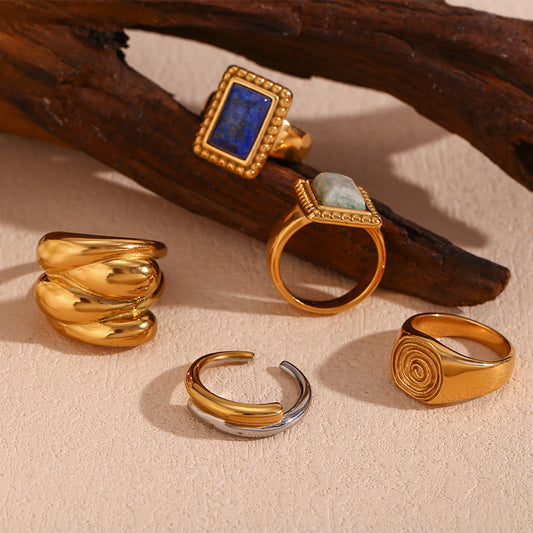 Vintage-Inspired Geometric Stainless Steel Ring with 18K Gold Plating and Natural Stone Drop Accent