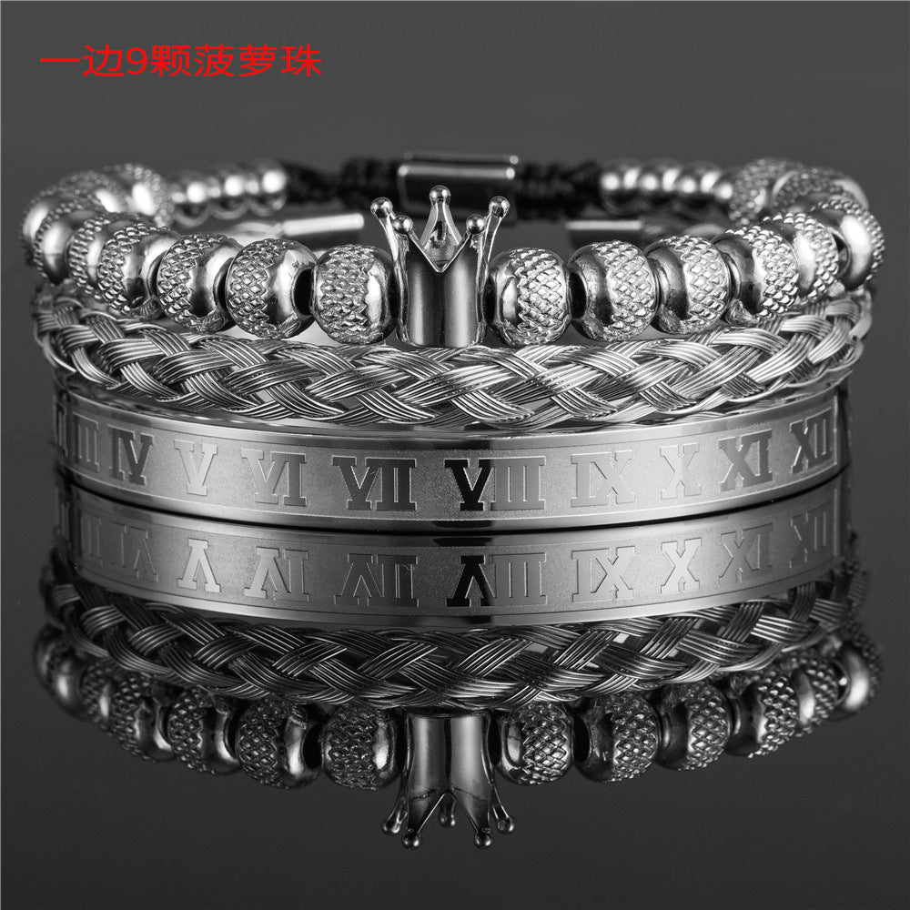 Vintage Crown Geometric Micro-inlay Stainless Steel Mesh Open Cuff Bracelet Set for Unisex