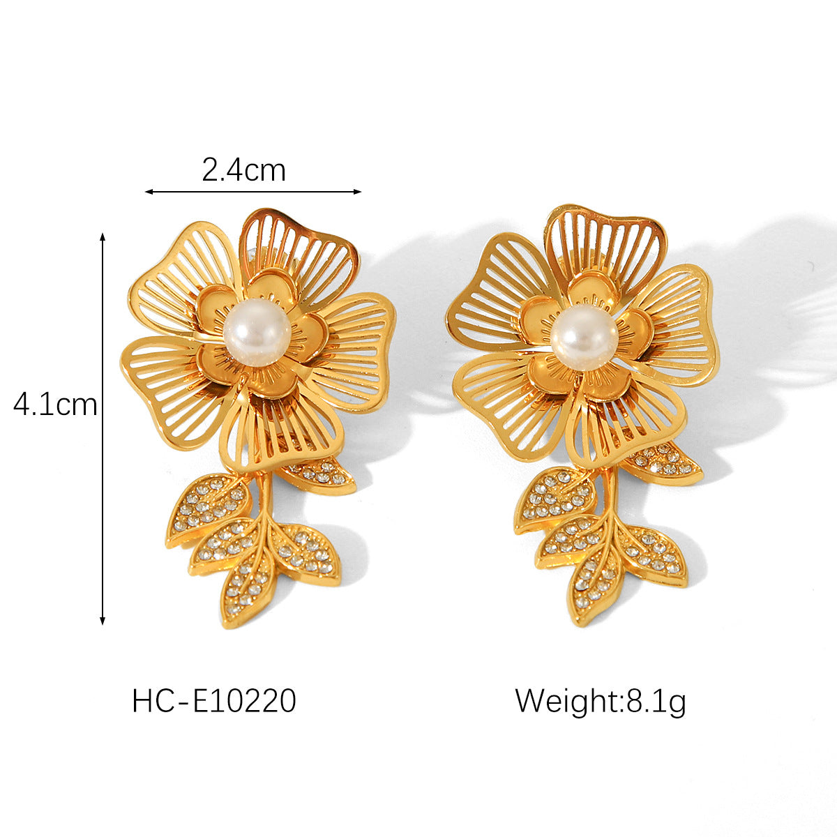 Vintage French Style 18K Gold Plated Stainless Steel Flower Pearl Stud Earrings for Women