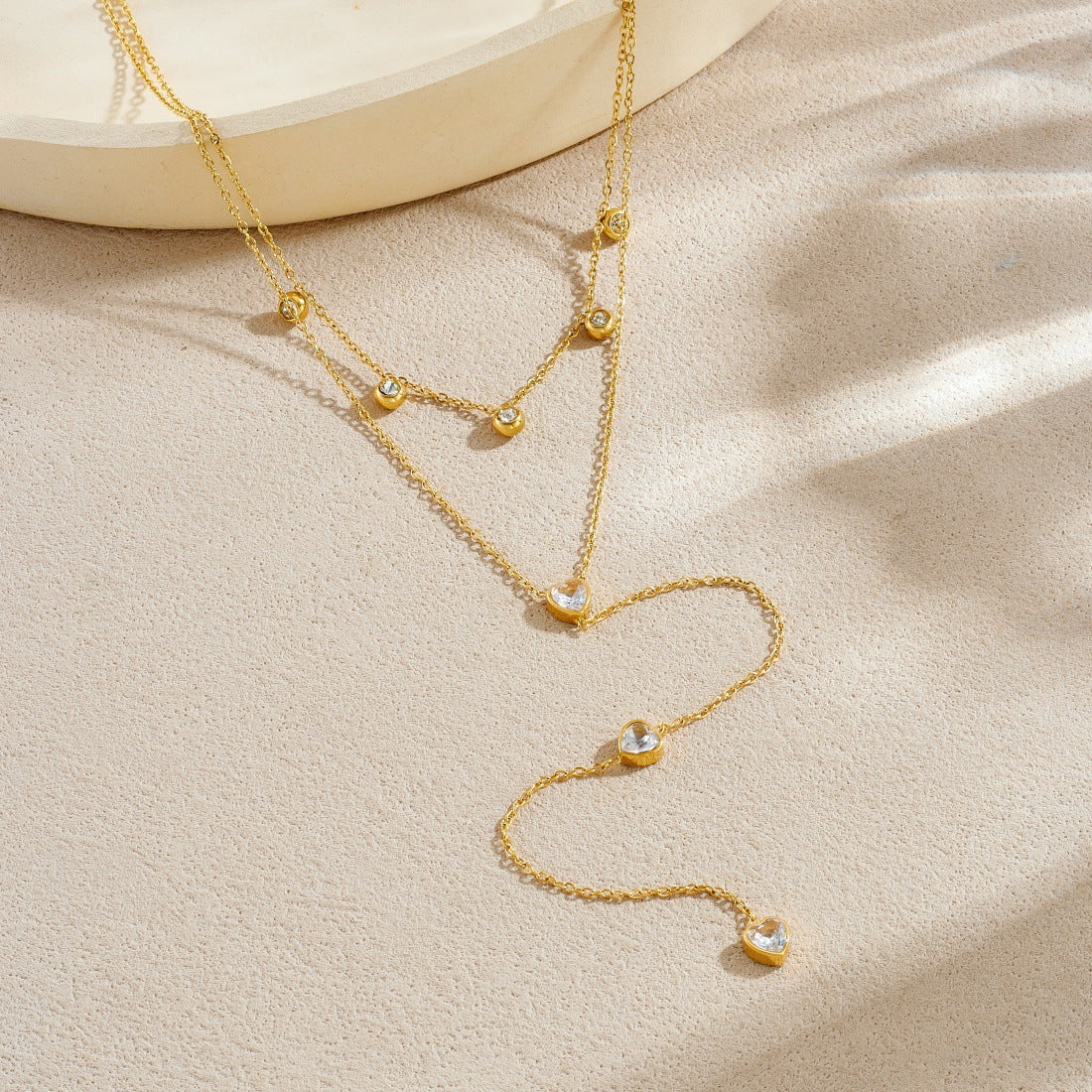 Minimalist Gold Plated Stainless Steel Heart Rhinestone Tassel Layered Necklace for Women