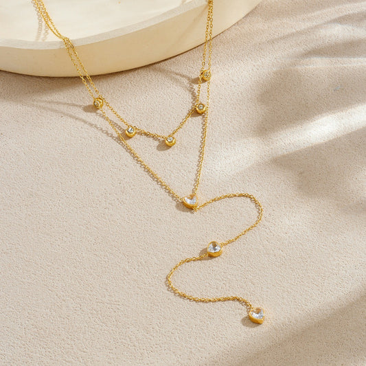 Minimalist Gold Plated Stainless Steel Heart Rhinestone Tassel Layered Necklace for Women