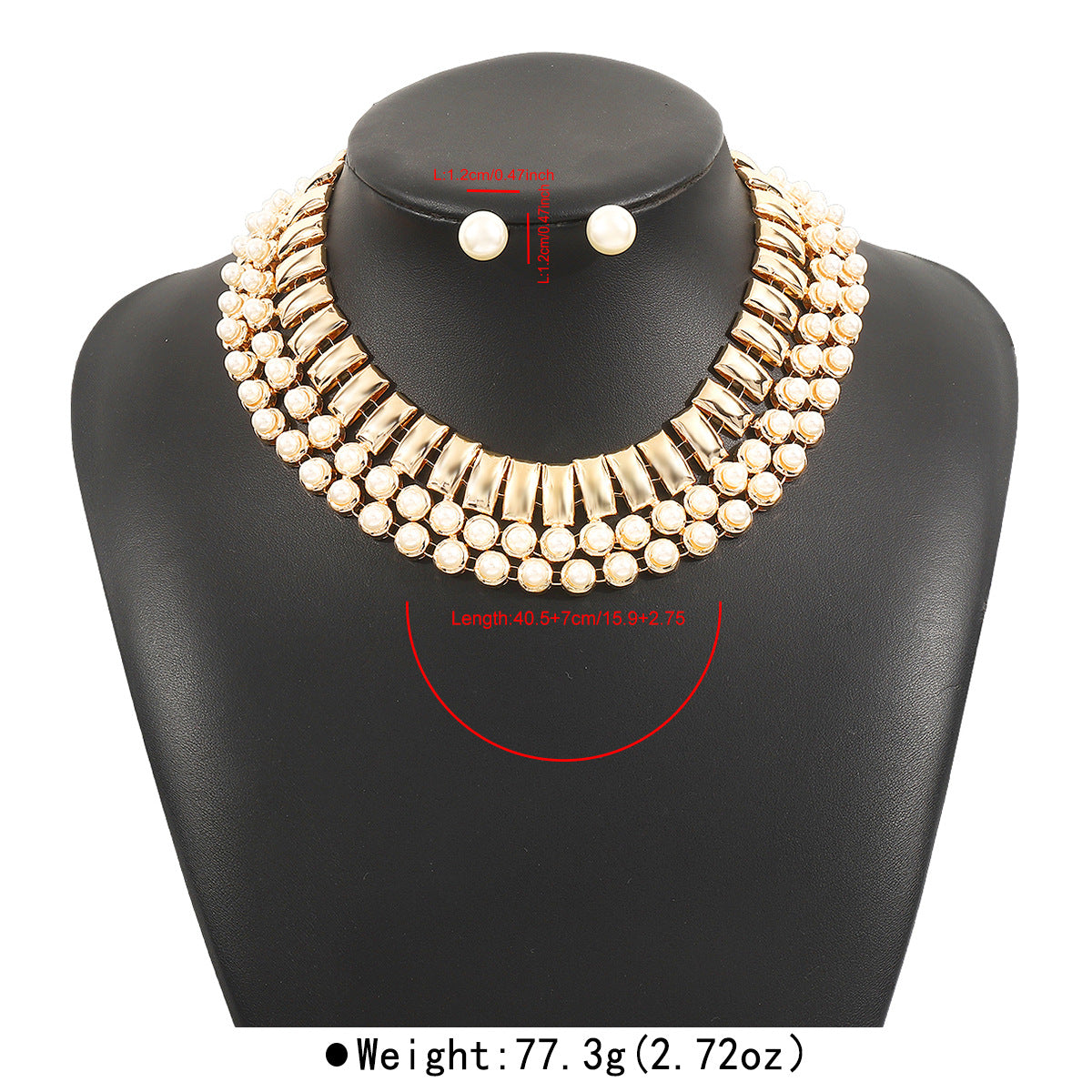 Collana girocollo e orecchini di lusso con perle e strass geometrici rotondi, con lavorazione a intarsio