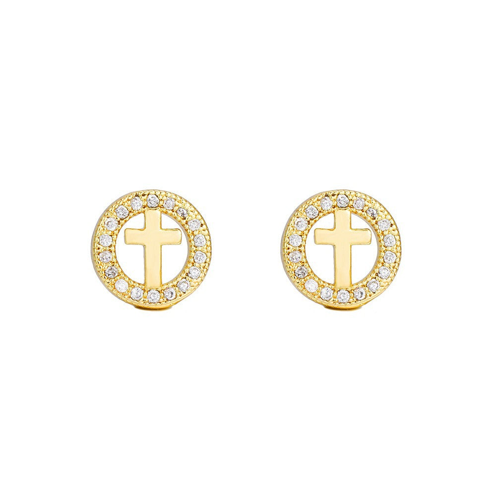 16K Gold Plated Brass Geometric Round Floral Earrings with Micro-set Cubic Zirconia and 925 Sterling Silver Posts