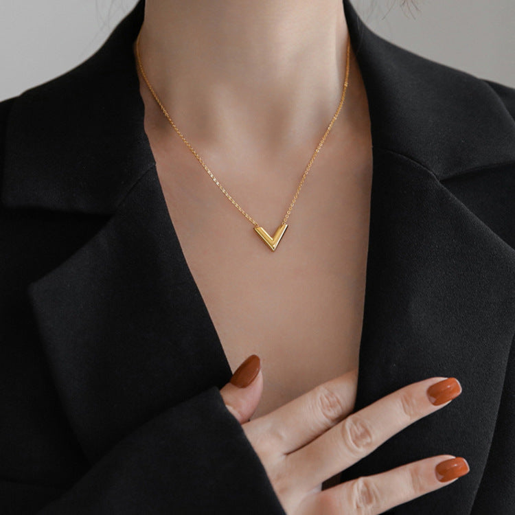 Minimalist Letter V Titanium Steel Pendant Necklace for Women with Plated Finish and Snake Chain