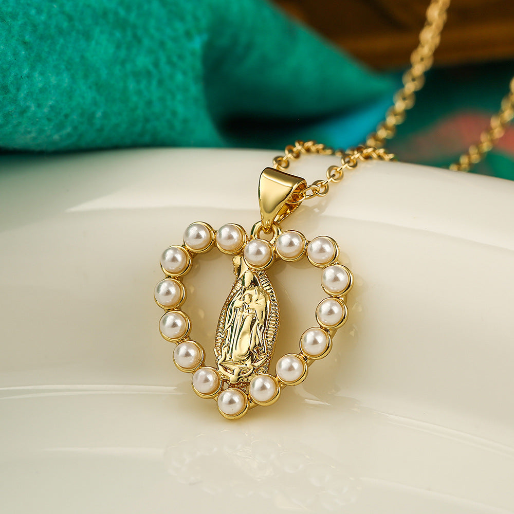 Geometric Saint Mary Pendant Necklace for Women with Copper Base Plated in Real Gold Inlaid with Zircon and Pearl Accents