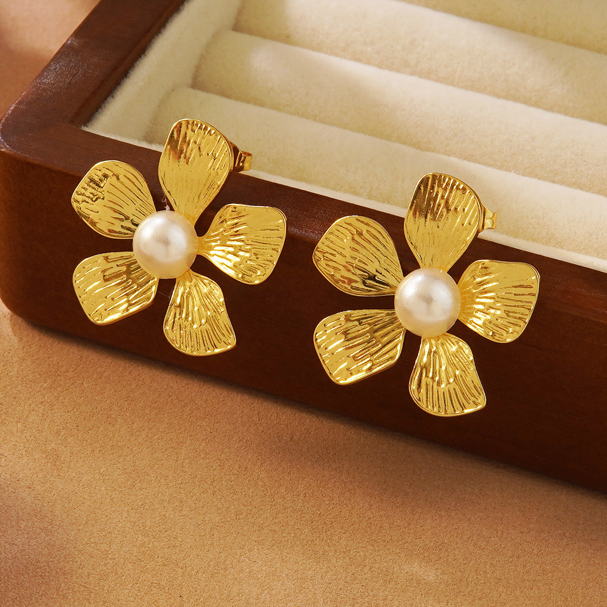Sweet Floral Stainless Steel Earrings with White Pearl Inlay for Women