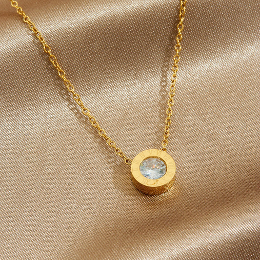 Minimalist Round Geometric Rhinestone Inlay Stainless Steel Gold Plated Pendant Necklace for Women