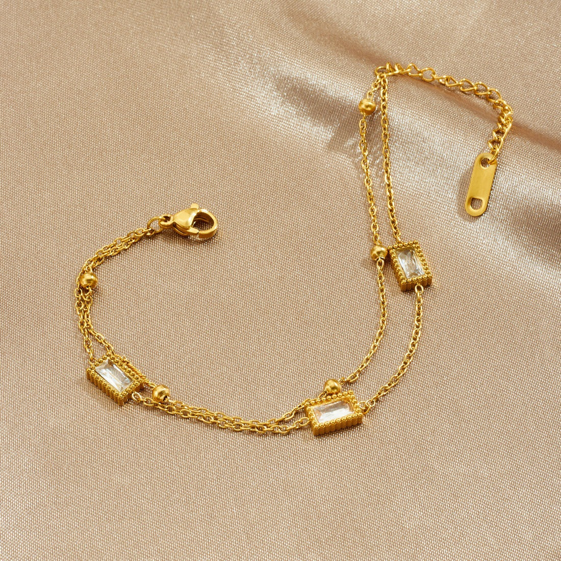Minimalist Gold Plated Stainless Steel Square Rhinestone Double Layer Chain Bracelet for Women