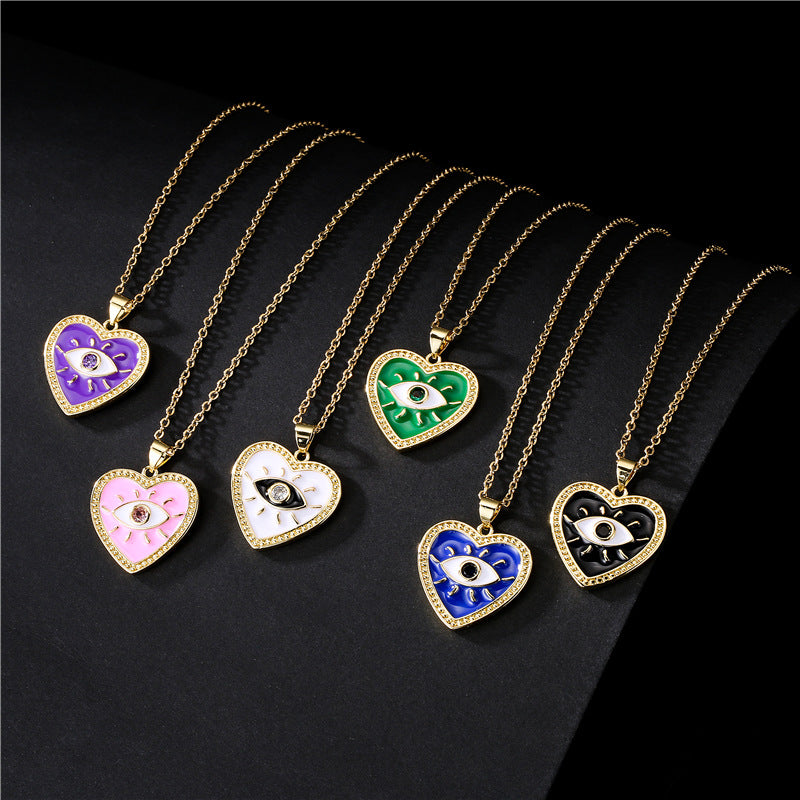 Fashion Heart Eye Geometric Drip Oil Gold Plated Brass Pendant Necklace for Women with Cable Chain