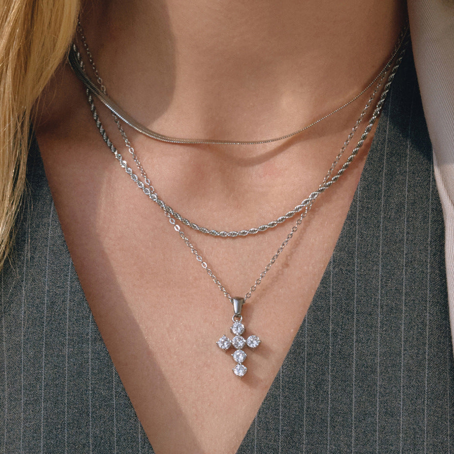Minimalist Geometric Cross Cubic Zirconia PVD Stainless Steel Necklace for Women