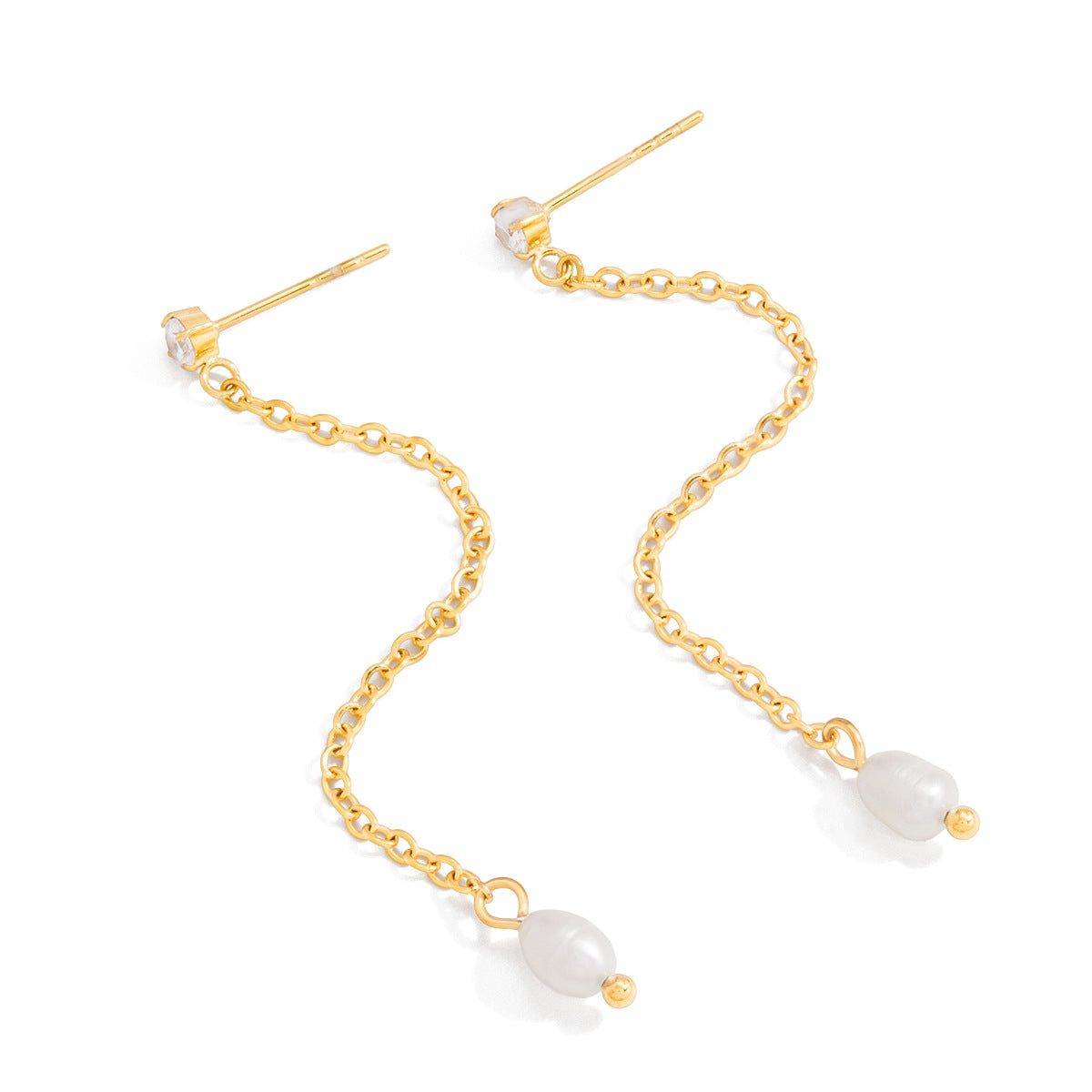 Orecchini geometrici in acciaio inossidabile con zirconi e perle d'acqua dolce pendenti, borchie di lusso placcate per donna