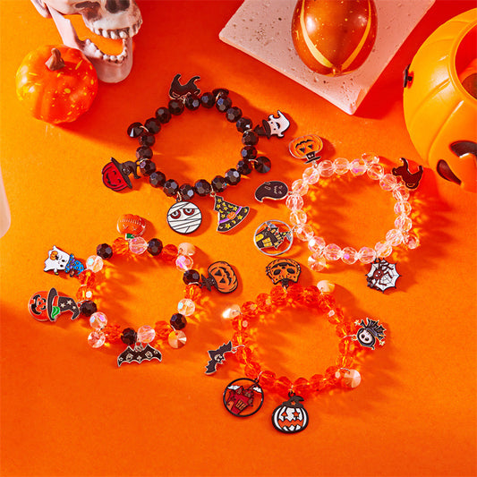 Pulsera de aleación con diseño de gato negro y calavera, temática de Halloween, con cuentas geométricas estilo gótico