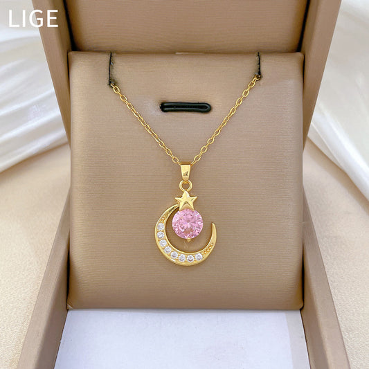 Collar de acero inoxidable con diseño de estrella y luna estilo dibujos animados, incrustaciones de pedrería para mujeres y hombres, delicada cadena de clavícula