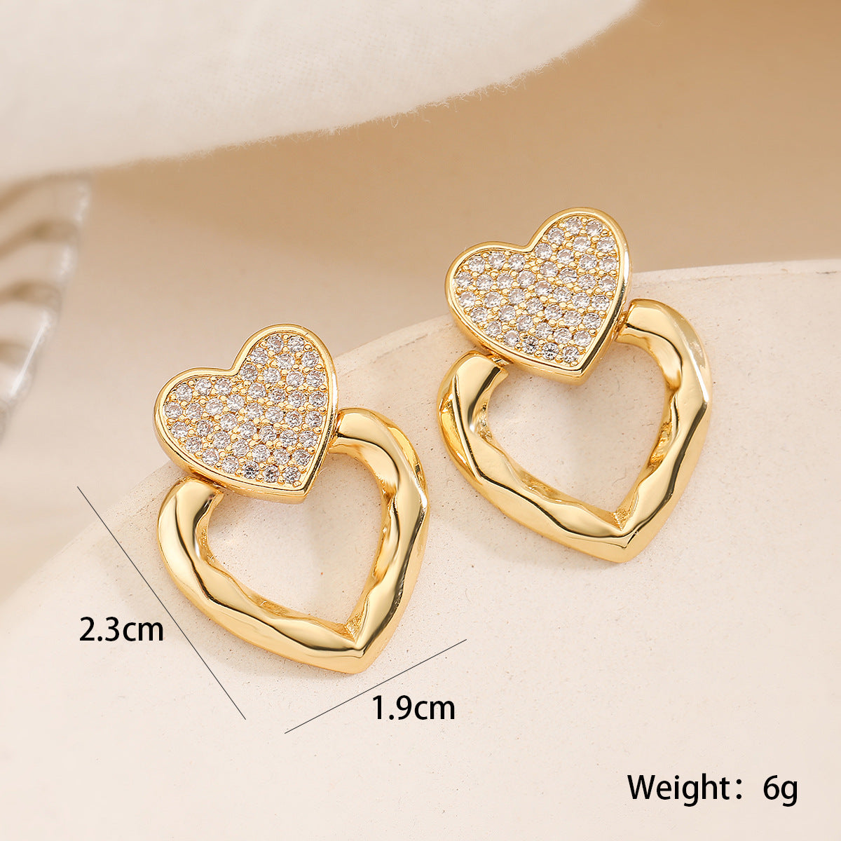 Minimalist Geometric Copper Earrings with 18K Gold Plating and Zircon Heart Accents for Women