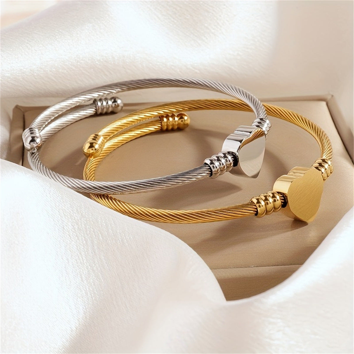 Minimalist Heart-Shaped Stainless Steel Bracelet for Women with Polished Finish