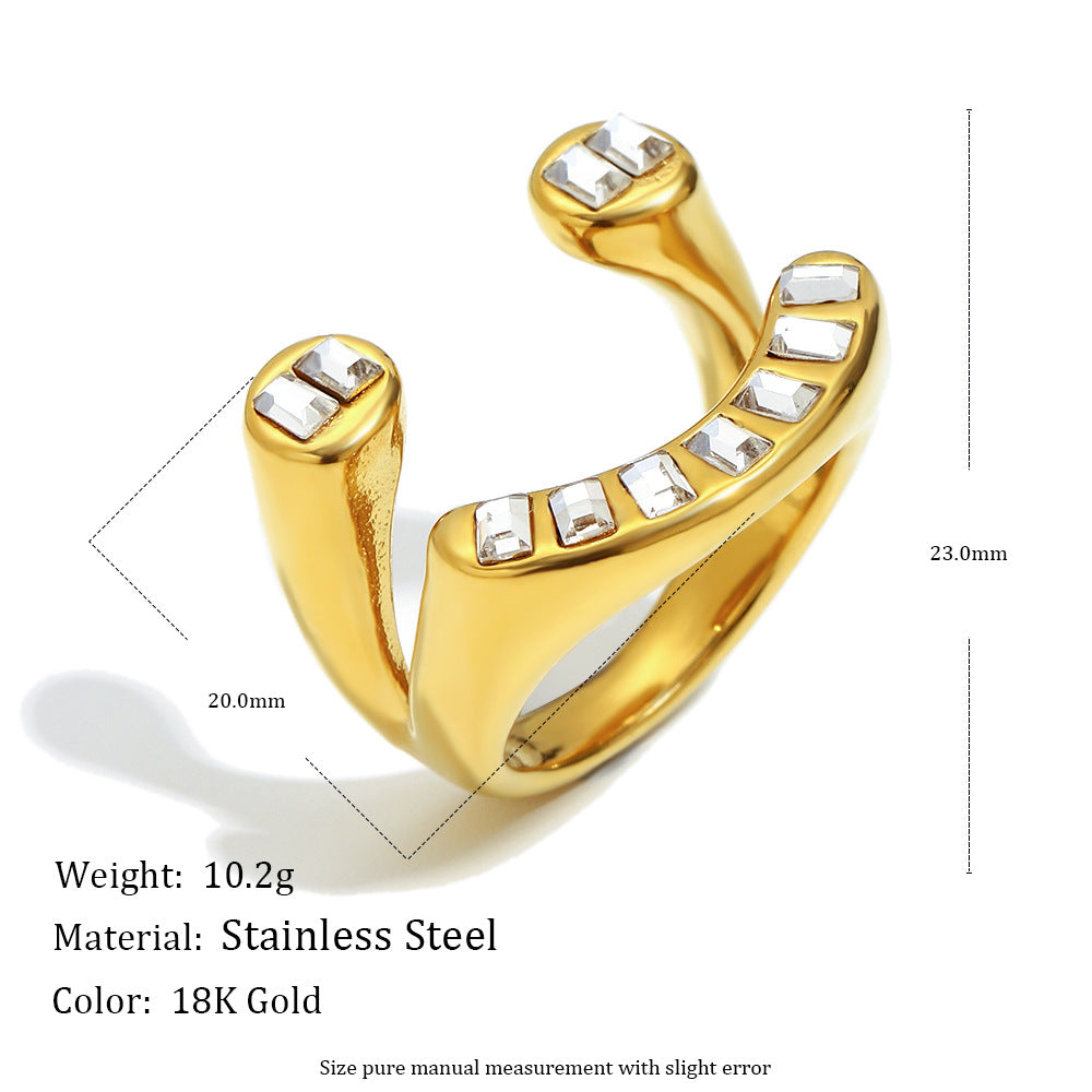 Anello geometrico minimalista in acciaio inossidabile con placcatura in oro 18 carati e zirconi irregolari da donna
