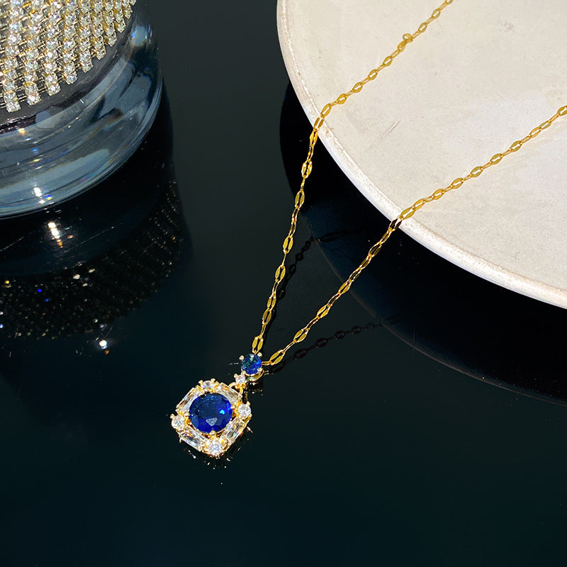 Luxury Minimalist Geometric Round Gemstone Inlay Titanium Steel Necklace with Brass Pendant