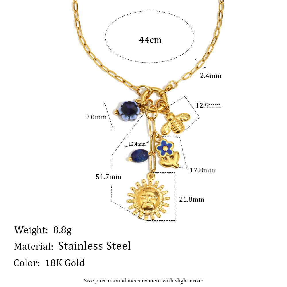 Collana da donna minimalista geometrica in acciaio inossidabile placcato oro 18 carati con ciondolo a forma di sole e ape