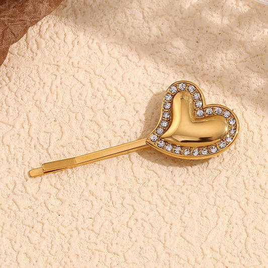 Minimalist Irregular Heart-Shaped Stainless Steel Hair Clip with 18K Gold Plating and Rhinestone Inlay for Women