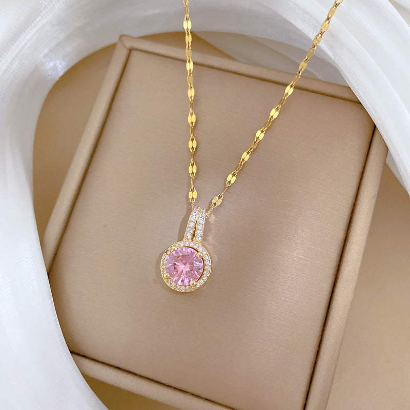 Sweet Elegant Teardrop Round Geometric Titanium Steel Necklace with Cubic Zirconia Brass Pendant for Unisex