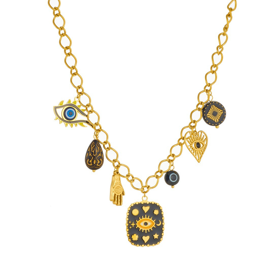 Gothic Drip Oil Gold Plated Stainless Steel Square Round Heart Geometric Eye Palm Necklace for Women
