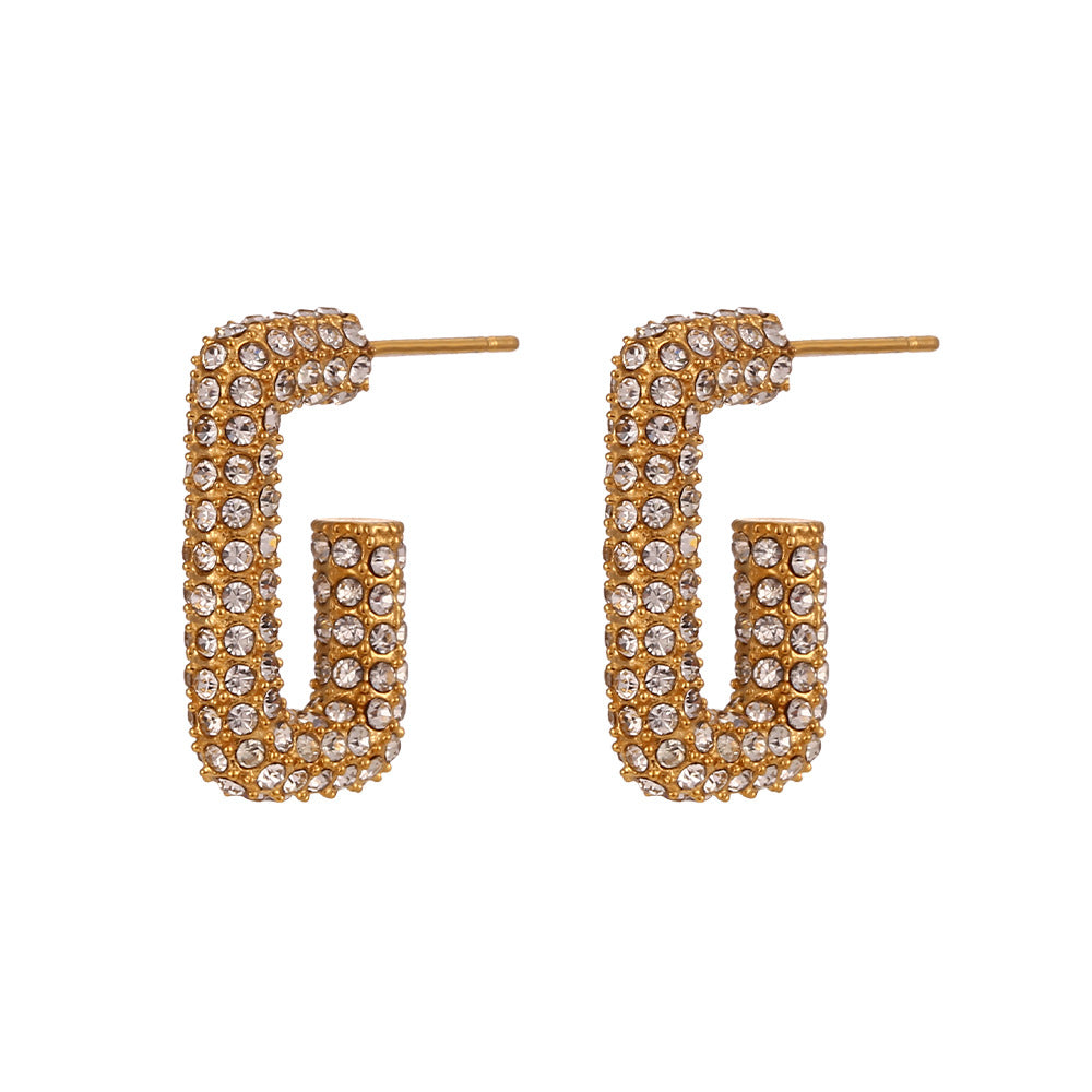 Fashionable Geometric Stainless Steel Hoop Earrings for Women with Plated Finish and Cubic Zirconia Accents