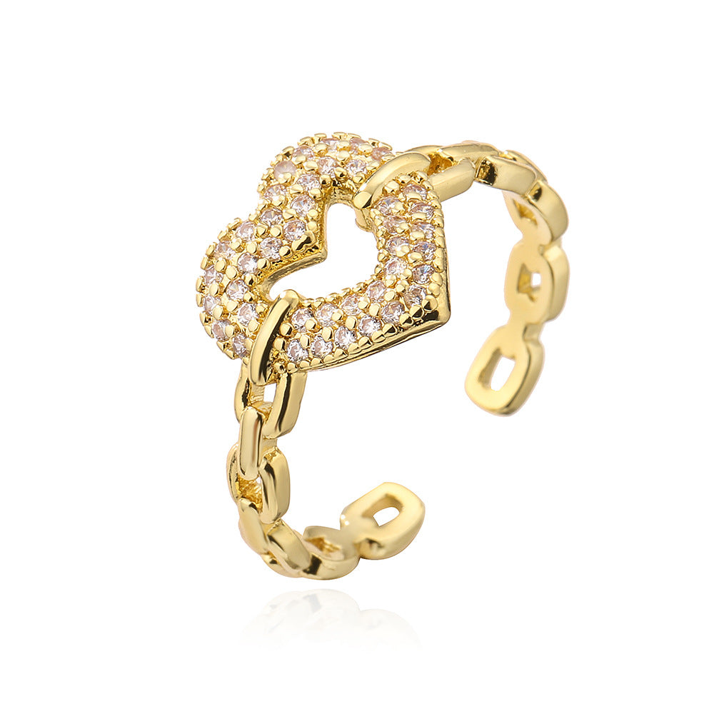 Elegante Anello a Cuore Aperto Geometrico da Donna in Rame con Placcatura in Oro 18K e Intarsio di Zirconi