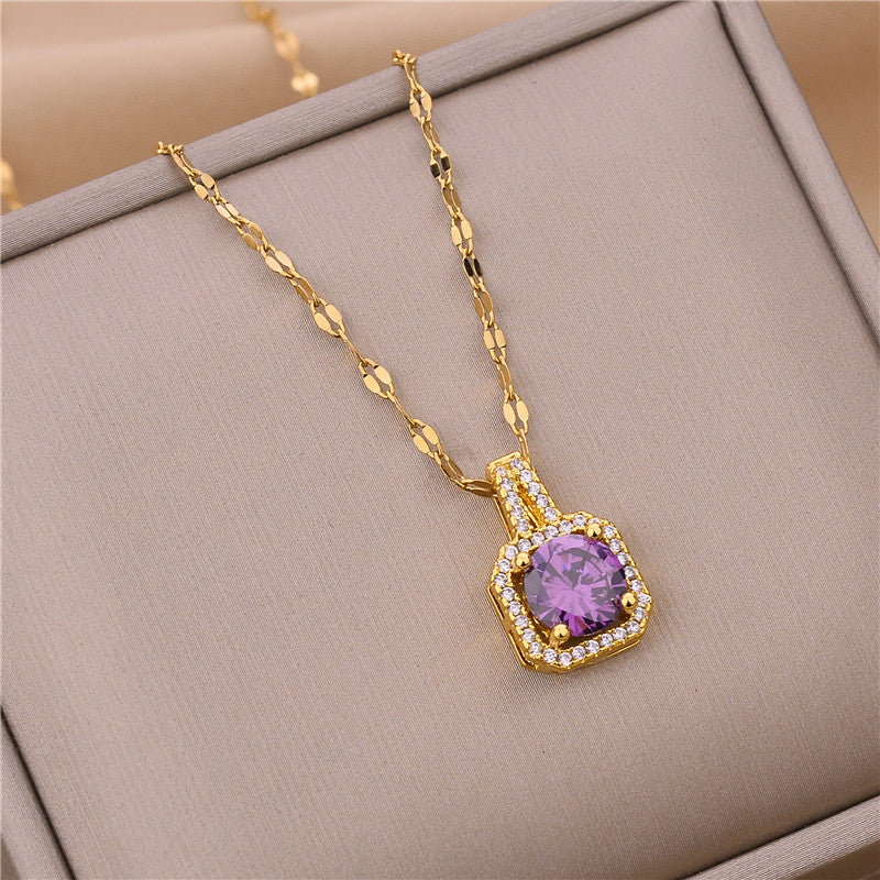Fashion Square Pendant Necklace in Titanium Steel with Rhinestone Inlay and Gold Plating for Women