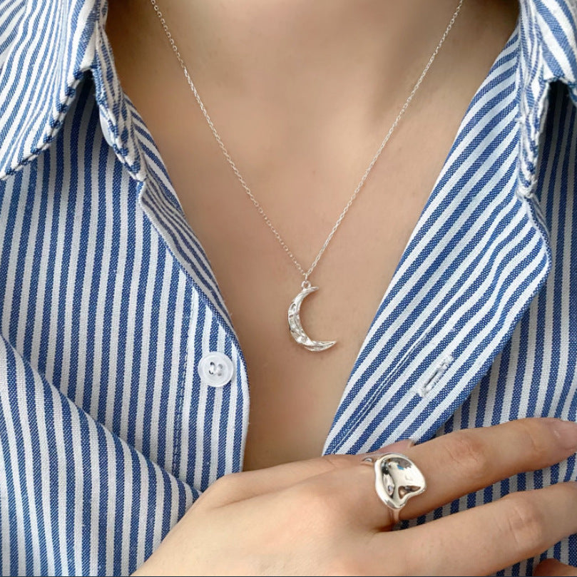 Minimalist 925 Sterling Silver Plated Geometric Moon Pendant Ball Chain Necklace