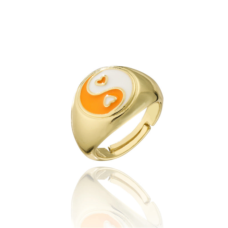 Colorful Drip Oil Heart Geometric Brass Ring with 18K Gold Plating Adjustable