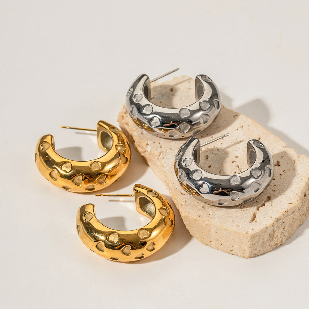 INS Style Geometric Stainless Steel Hoop Earrings with 18K Gold Plating Hollow Heart Design for Women