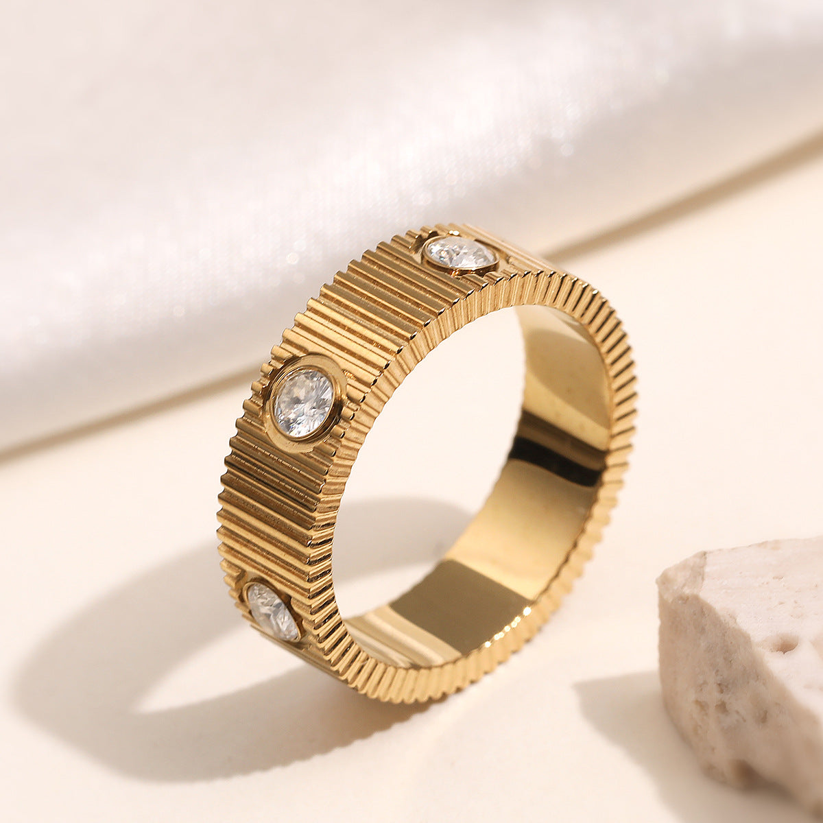 Minimalist Gold Plated Stainless Steel Geometric Striped Ring with Cubic Zirconia for Women