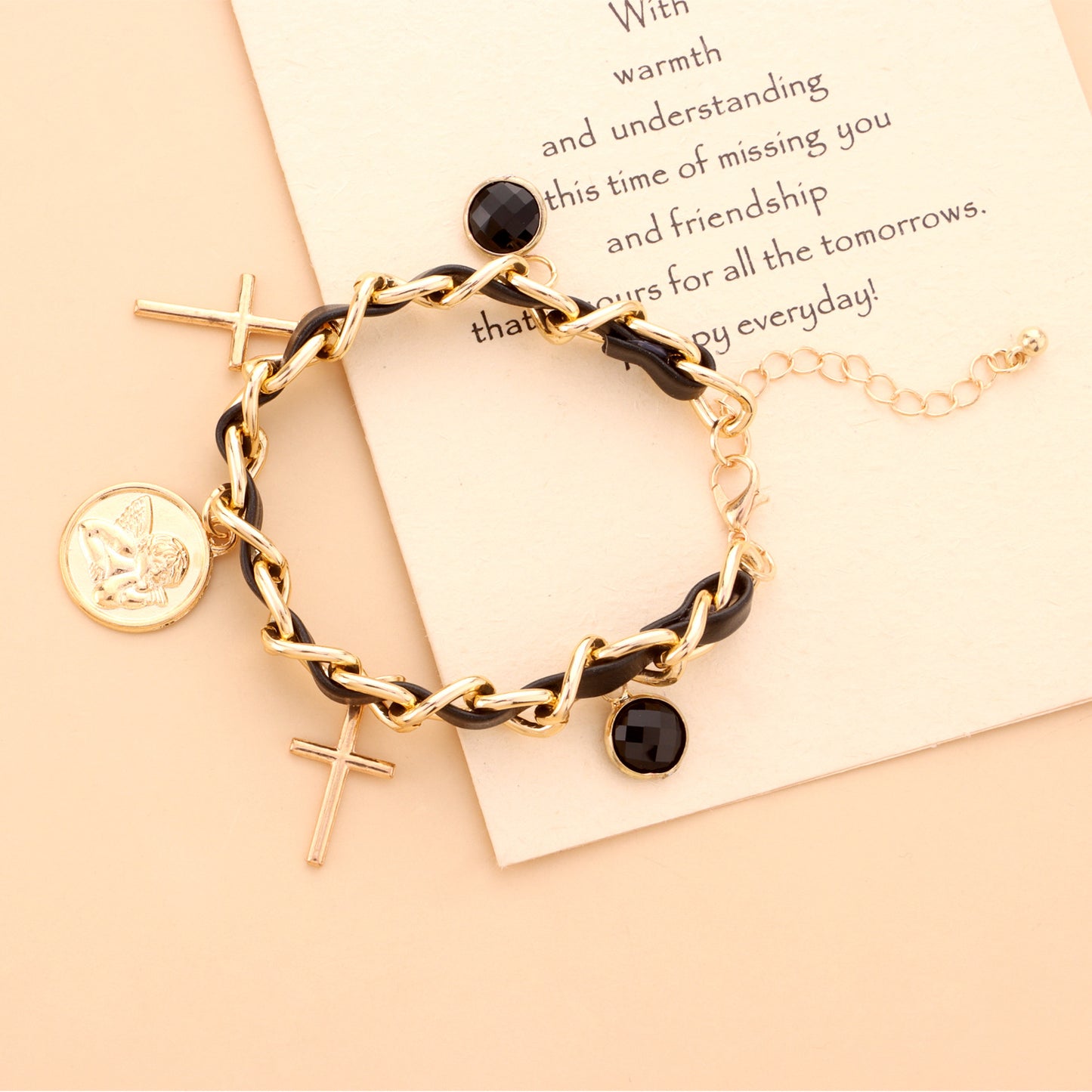 Minimalist Cross Pendant Leather Bracelet for Women with Alloy Chain and Electroplated Finish