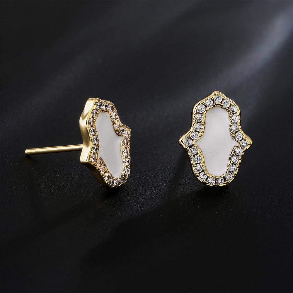 Minimalist Geometric Hand-Shaped Earrings in Copper with 18K Gold Plating and Micro-Paved Zirconia