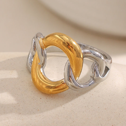 Minimalist Geometric Stainless Steel Plated 18K Gold Ring for Women with Circular Chain Design