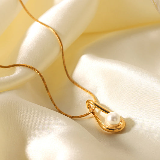 Minimalist Teardrop Shaped Stainless Steel Pendant Necklace for Women with Pearl Inlay and Plated Finish on Snake Chain